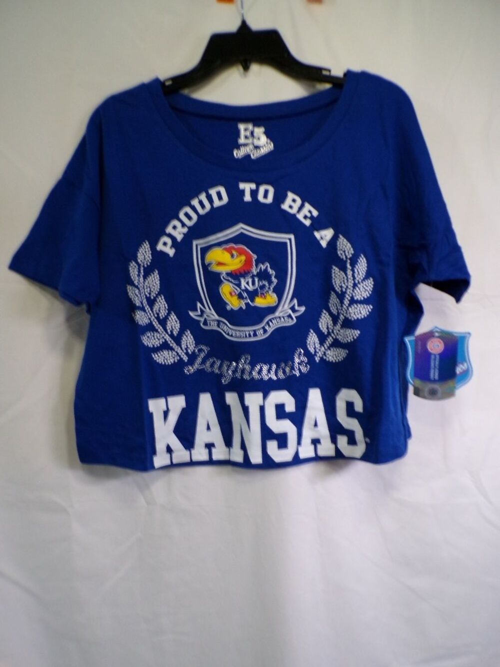 E5 College Classics Kansas Jayhawks Women's Cropped T-Shirt Medium Blue